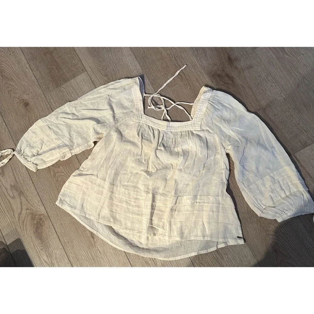 O'Neill Ivory Cotton Square Neck Peasant Balloon Sleeve Tie Blouse M - Picture 2 of 6